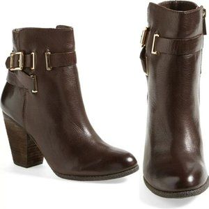 NEW VINCE CAMUTO HARRIET CHOCOLATE BROWN LEATHER BOOTS GOLD BUCKLE SZ 8